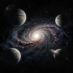 a vast dark galaxy with five clearly visible big planets, intricate, highly detailed, digital painting, concept art, illustration, deep dark, artstation, Profound and vast, black, UE5, by Gioele Muscolino