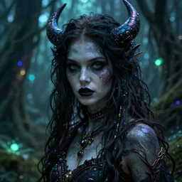 a close - up of a succubus in a bioluminescent ancient dark forest, greg rutkowski, 8 k, shallow depth of field, intricate detail, concept art,