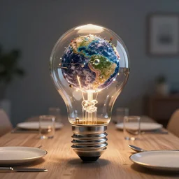 a light bulb over a dinner table with a full miniature universe inside it, digital art