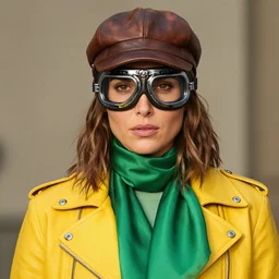 headshot of gal gadot wearing a leather cap and aviator goggles, he is also wearing an yellow leather jacket, a long green silk scarf wrapped around her neck