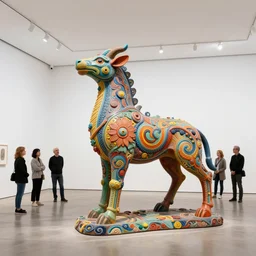 etablishing wide view shot of stunning colorful intriguing polished painted massive clay * poetic * sculpture of a mythic animal by * beth cavener * in empty empty white space exposiion. elegant agile form. with collaboration of ellen jewett, beth cavener, sayaka ganz, edouard martinet, john o'reilly and judith klausner. joyfull