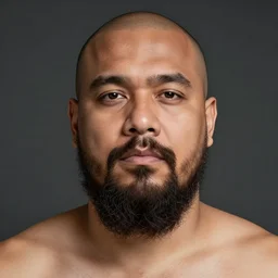 A short and average built, olive skinned man with smooth cheeks and a wide face. He has an impressively long goatee
