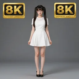 an award winning full body photo of a young woman with twin tails, wearing glasses and a white dress, symmetric and beautiful face, intricate, sharp focus, very detailed, photo taken with Sony a7R, Unreal Engine 5, 8k