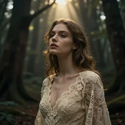 cinestill 5 0 d panorama of a woman by roversi in a mystical forest, light beams from top, romance pale gold matt, dress in lace, fine art, hyper realistic dark fantasy landscape, beauty intricate, elegant, head in focus