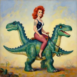 postmodern painting of mrs doubtfire riding a dinosaur