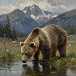 a bear drinking from a lake down the mountain, beautiful detailed oil on canvas painting in the style of the 1 9 th century hudson river school of art