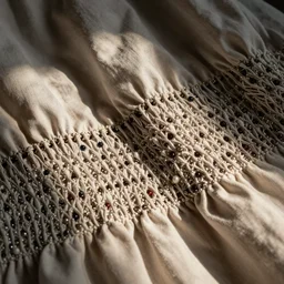 close up photograph of smocked fabric, intricate smocking pattern, fabric manipulation, intricate detailing, beading