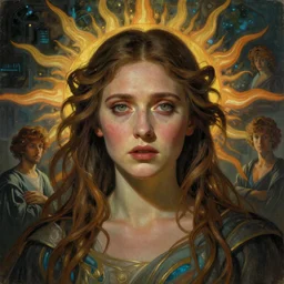stunning, breathtaking, awe-inspiring award-winning concept art nouveau painting of attractive Elizabeth Olsen as the goddess of the sun, with anxious, piercing eyes, by Alphonse Mucha, Michael Whelan, William Adolphe Bouguereau, John Williams Waterhouse, and Donato Giancola, cyberpunk, extremely moody lighting, glowing light and shadow, atmospheric, cinematic, 8K