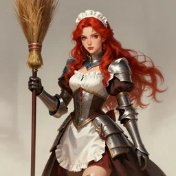 Portrait of Female Paladin, french maid, red hair, broomstick, gorgeous, high fantasy, artstation