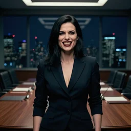 a portrait photograph of a smug woman executive in a business dress in a board room with vampire fangs, black hair, low light, highly detailed, night skyline outside window in background, 4 k, cinestill 8 0 0 t, exif, photography by andreas franke