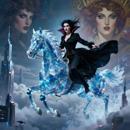 hyperrealistic portrait of a woman as a vampire witch in a black coat flying on the back of a sapphire crystal dream horse as a dark swan above the clouds among the tips of sci - fi skyscrapers. by jeremy mann and alphonse mucha, fantasy art, photo realistic, dynamic lighting, artstation, poster, volumetric lighting, very detailed faces, 4 k, award winning