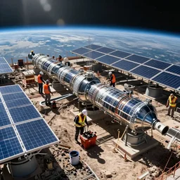 Construction workers building the solar system. Extreme wide angle shot from space