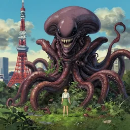 Tokyo overgrown with flesh of alien and tentacle,by Anna Dittmann, by Hayao Miyazaki, anime, digital art, surreal, trending on artstation, HD, 8K, highly detailed, good lighting, masterpiece, beautiful