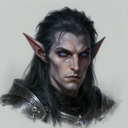 head and shoulders portrait of an eldrich knight, drow, dark elf, shadar kai, armored, magical, male, high fantasy, d & d, by alexandre chaudret, face details, extremely detailed, digital illustration
