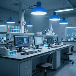 A hi-tech laboratory with computers, consoles, test tubes with blue liquid inside, blue lamps on the ceiling, sci-fi, cinematic lightning, 8k render, ultra HD