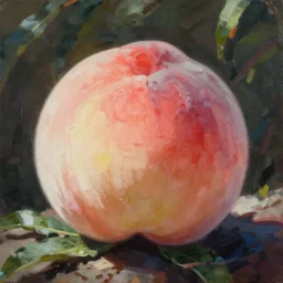 painting of large peach half centered