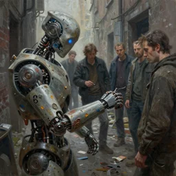 painting of a post - apocalyptic automaton fixing its own arm with scraps in an alley, up close, grimy, gritty, trending on artstation, award winning painting, cgi, art by john berkey and anton fadeev and john howe and simon stalenhag and greg rutkowski