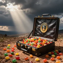 a lawyer accidentally opening a briefcase full of jellybeans, wide angle photo, flickr
