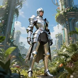 full armored female knight errant in a high tech botanical world with blue skies | style by greg rutkowski, vincent callebaut, dramatic light | high detail | cinematic lighting | pristine metals, glass, plants | solarpunk | concept art |