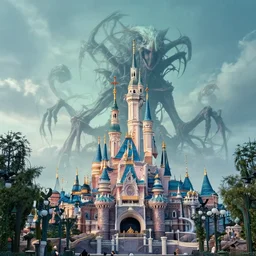 photo of a disneyland line with a lovcraftian eldritch abomination in the background, high resolution photography
