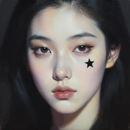 hyperrealism oil painting, complete darkness background, soft light, close - up portrait, fashion model, pale skin, black stars, in style of classicism mixed with 8 0 s japanese sci - fi books art