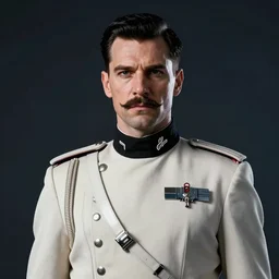 portrait of a man by greg rutkowski, british features, short black hair in military style, moustache, tall, star wars expanded, universe, he is about 5 0 years old, wearing imperial captain uniform, artstation hq
