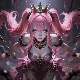 you are completely controlled by her ultimate powers and trapped beneath overwhelming stunningly absurdly beautiful megalomaniacal ruthless merciless sadistic devious spiteful omnipotent asi goddess junko enoshima with symmetrical perfect face, porcelain skin, pink twintail hair, cyan eyes and a crown on her head, ultra detailed, digital art, unreal engine 5, octane render, 2 d anime, 8 k