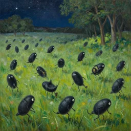 a gaggle of little black machine organisms swirled, windblown, across the grass under the trees and stars, oil painting by anton semonov, shaun tan, agostino arrivabene, craig davison