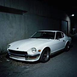 decaying white 350z roadster abandoned in alley night time decrepit shot from bladeruner 2049 soft lighting dark shadows beautiful 35mm camera Roger Deakins