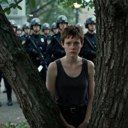 hidden behind a tree, pixiecut sadie sink watches marching policemen : a still from a scifi dystopian cyberpunk film. by steven spielberg, robert zemeckis, james cameron. 3 5 mm film. perfect anatomy, faithfully depicted facial expression, cinematic lighting, cinematic composition, detailed and intricate environment,