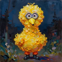 impasto painting of a glowing kewpie doll that looks like Big Bird, painted in the style of Watteau with sad minion eyes, thick paint, visible brushstrokes, abstract elements