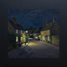 oil painting of a dark beautlful night, by charles vess on black matte very textured paper, english country village square