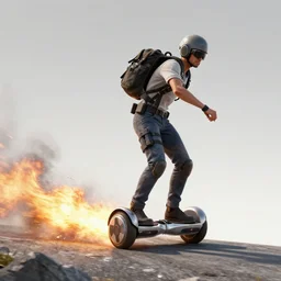 Montagne from Rainbow Six Siege riding a hoverboard leaving behind a trail of flames and explosions