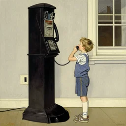 A kid talking in a very tall telephone, art by Norman Rockwell