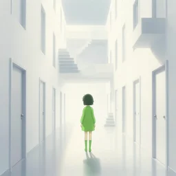 a green slimegirl in a bright white hallway with many doors and many stairs, Mc Escher architecture, epic composition, by Makoto Shinkai