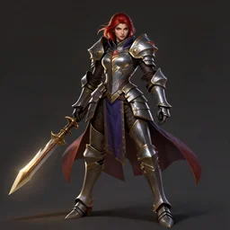 ultra realistic illustration, full body shot of female knight in heroic pose, rich contrast of colors, league of legends artwork