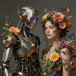 a beautiful intricate fine art portrait photo of a   a mechanical industrial steampunk cybernetic robot and a human overgrown with colorful flowers, leaves and butterflies by tom bagshaw and zach sutton, perfection!, eyes with catchlight, golden ratio composition,  studio lighting, 50mm lens, very detailed, bionic, cybernetic scifi, deep depth of field, artstation, 8K, highly coherent