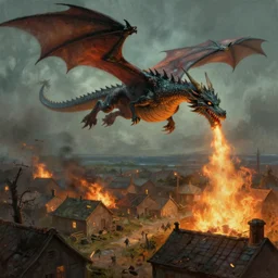 a large dragon flying above a mid century village and blowing fire to the buildings below. Moody paining trending on artstation