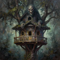 bob ross grunge painting of the eerie view from a tree house, monster and horror theme. monster theme, detailed, elegant, intricate, 4 k,
