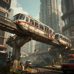 in an dieselpunk city with a monorail, highly detailed, 4k, HDR, award-winning, artstation, octane render