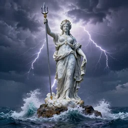 Gigantic marble statue of the Goddess of the sea wielding a trident on an island, Roiling waves at the base, Scene lit by lightning, Thunderclouds in the background, Fantasy setting, Magic, Extremely detailed, Fantasy art style, 4k -H 1024 -W 512