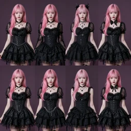 composition of four squares with young pink haired attractive women modeling black goth dresses macro photography