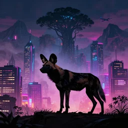 an african wild dog, silhouette against a cyberpunk cityscape, neon, mountains, mist, giant trees, tower blocks, clubs, aircraft, detailed, trending on artstation, by paul lehr