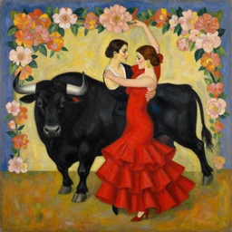 highly detailed painting of gemini flamenco dancers wearing a red dress next to a black bull framed with flowers by tamara de lempicka
