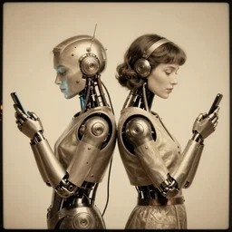 a beautiful ultradetailed vintage photo of two cyborgs facing away from each other and looking at their cellphones, by tom bagshaw and anna dittman, couples portrait, vignette, 3 5 mm lens, golden ratio composition, detailed faces, studio photography, very detailed, humanoids, industrial robots, artstation, 8 k, highly coherent