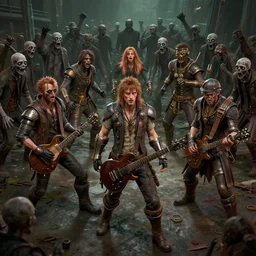 steampunk rock band fighting a horde of zombies, 3d scene, render, ultra realistic, zenith view, Greg Rutkowski, artstation, cgsociety, unreal engine, ray tracing, W 768