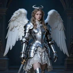 vertical portrait of an angel knight gothic girl in dark and white dragon armor, rococo outfit. by gaston bussiere, by rembrandt, 1 6 6 7, artstation trending, blue light, by konstantin razumov *