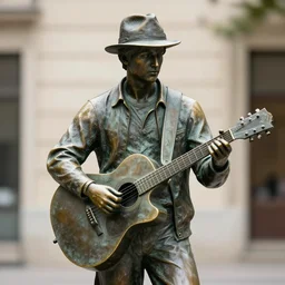 a 4 k photorealistic photo medium shot of a bronze statue of a young man wearing a fedora holding a guitar.