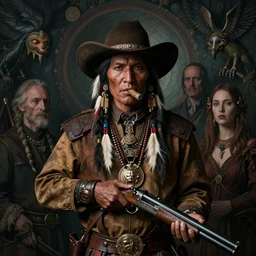 a symmetrical matte portrait of staempunk arikara god with a shotgun a cuban cigar and cowboy hat. noble bearing. cinematic atmospheric lighting, an intricate portrait of the innermost soul by dave dorman hieronymus bosch, cyril rolando, esher and natalie shau, whimsical, profound, impossible. trending on devaintart. dark, brooding,