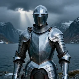 suit of armor made of water, water armor, norway fjord, extreme close up portrait, hudson river school, max rive, water armor, studio lighting, stormy seas, beautiful, bokeh, snowy, storm clouds, god rays, extreme close up portrait, d & d, fantasy, elegant, low key color palette, concept art, roger deakins and greg rutkowski and alphonse mucha